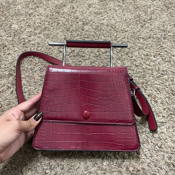 Handbags - Burgundy Croc Embossed Structured Crossbody Bag with Metal Bar Handle